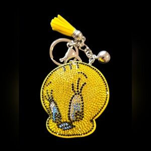 Yellow Crystal Tweety Bird Bag Charm Keychain with Tassel